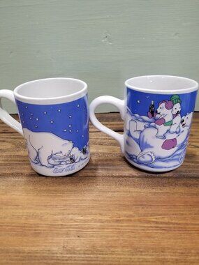 Vintage 1999 COCA COLA Polar Bear Ceramic Coffee Holiday Mug Coffee Cups Pair